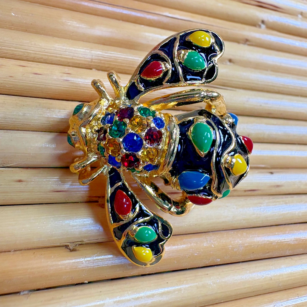 Rare Joan Rivers Bee Brooch Pin Holiday Lights Christmas Blue Green Red Vtg